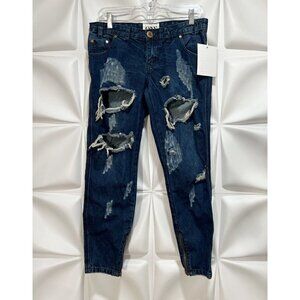 One Teaspoon Sz 27 Trashed Freebirds Crop Denim Jeans Skinny Dark Blue Women NWT